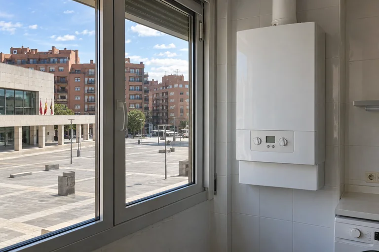 Escena generada de una caldera instalada junto a un entorno urbano inspirado en Alcobendas | Repuestos Calderas
