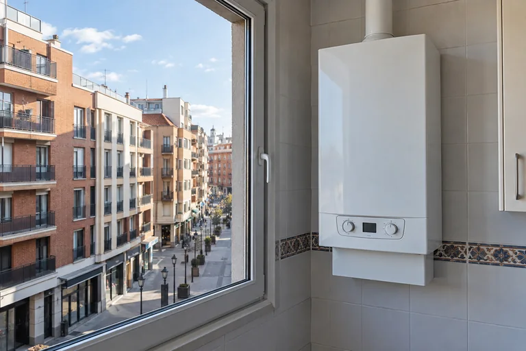 Escena generada de una caldera instalada junto a un entorno urbano inspirado en Majadahonda | Repuestos Calderas