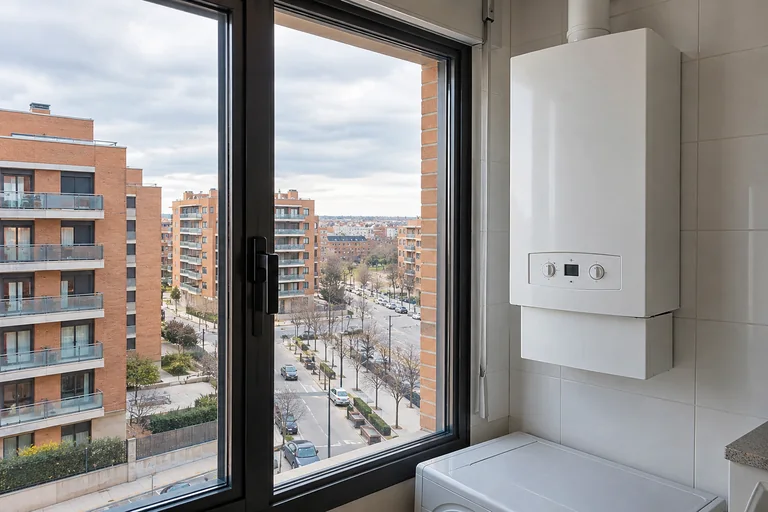 Escena generada de una caldera instalada junto a un entorno urbano inspirado en Tres Cantos | Repuestos Calderas