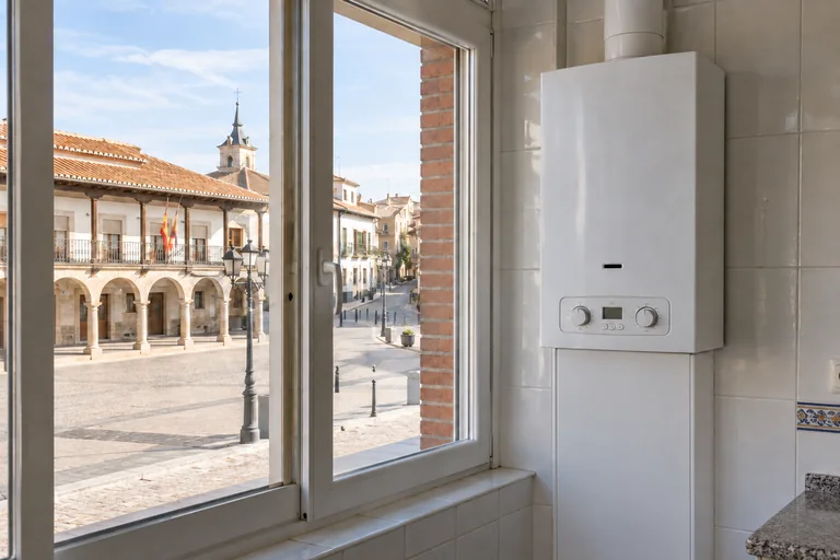 Escena generada de una caldera instalada junto a un entorno urbano inspirado en Valdemoro | Repuestos Calderas