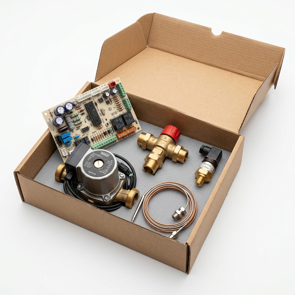 Caja con repuestos originales y reacondicionados de caldera
