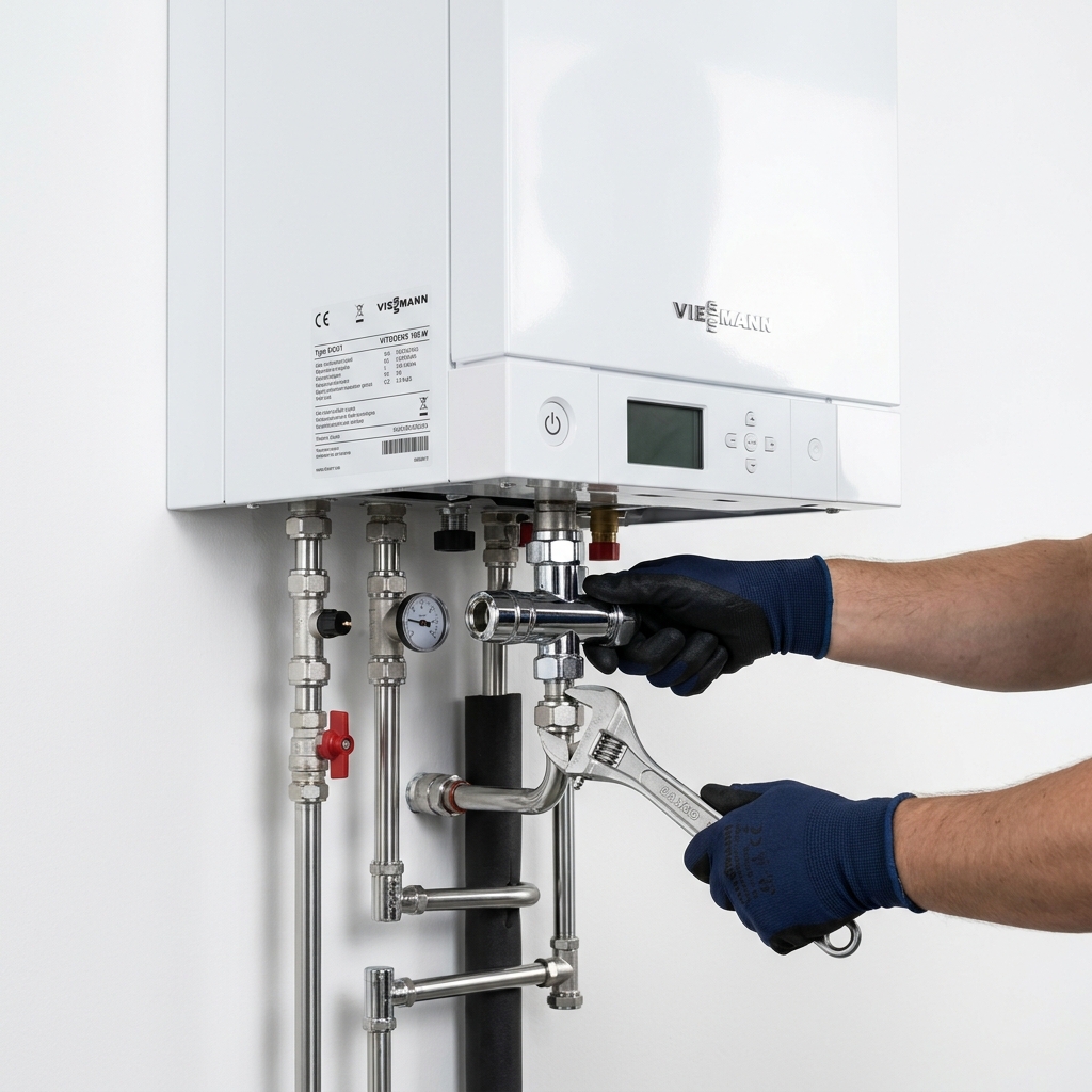 Instalación profesional de caldera de gas con llave inglesa