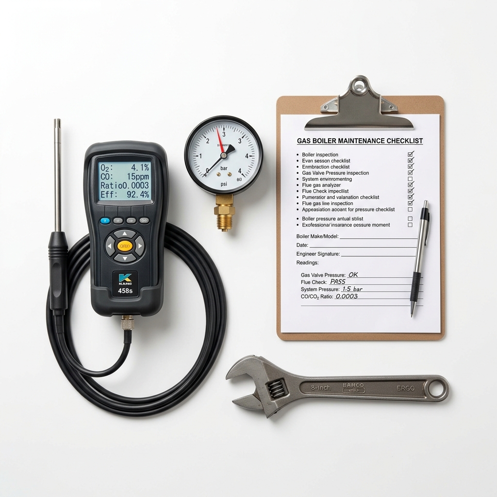 Herramientas de mantenimiento de caldera con analizador de gases y checklist